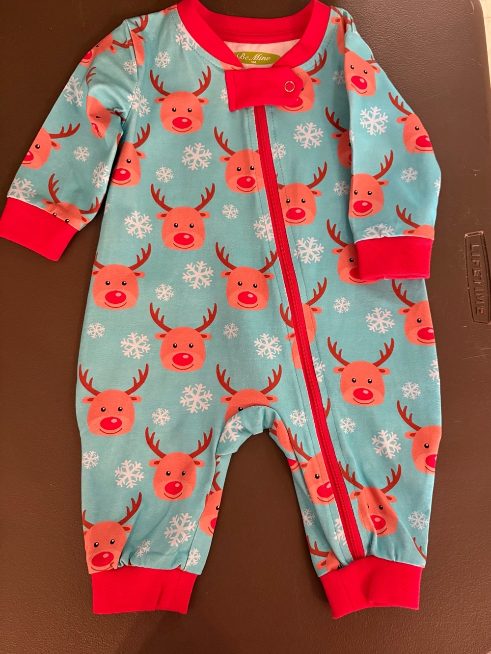 Holiday Reindeer Footed Romper - Aqua & Red